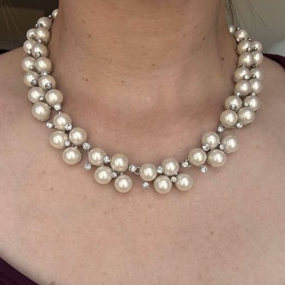 Ann Taylor Faux Pearl & Crystal Collar Necklace Silver-Tone Cluster Statement